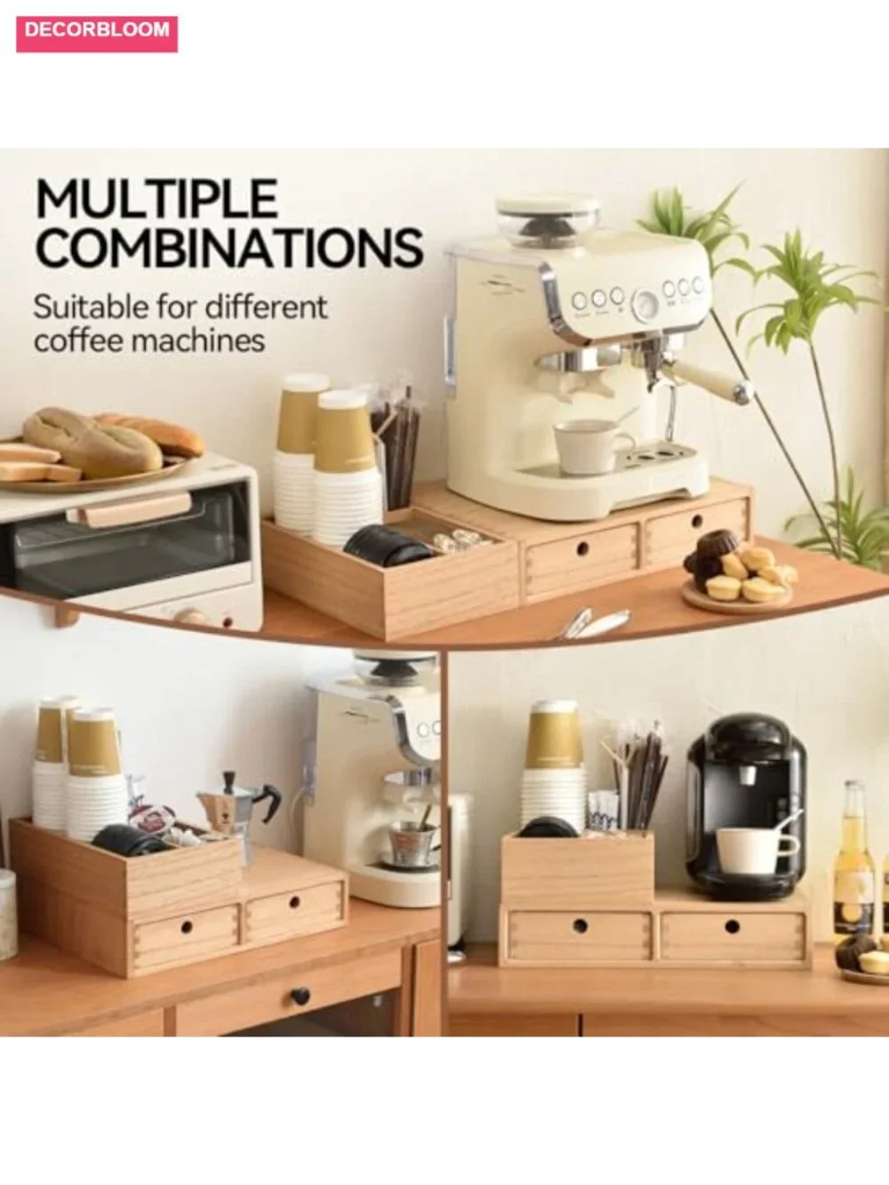 Solid Wood Coffee Station Organizer 2 Piece Set Pod Holder 40+ Capacity Drawers